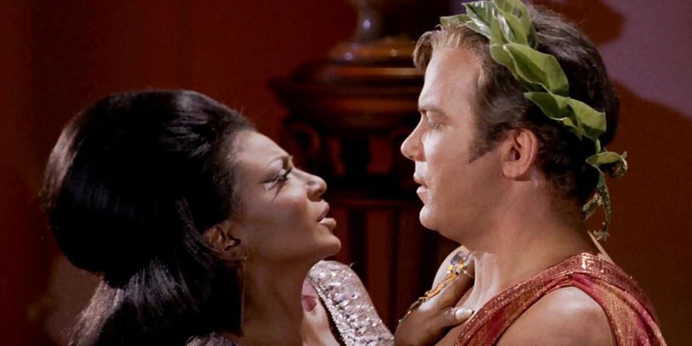 Kirk and Uhura Kiss in Plato’s Stepchildren in Star Trek