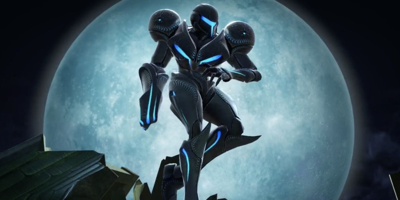 Samus in her suit in front of a moon