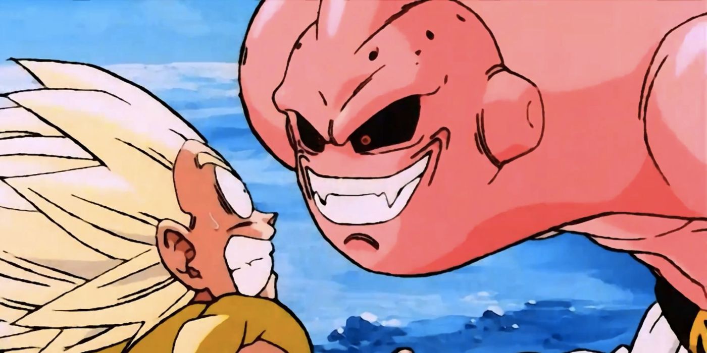 Super Buu grins menacingly at Gotenks in Dragon Ball Z