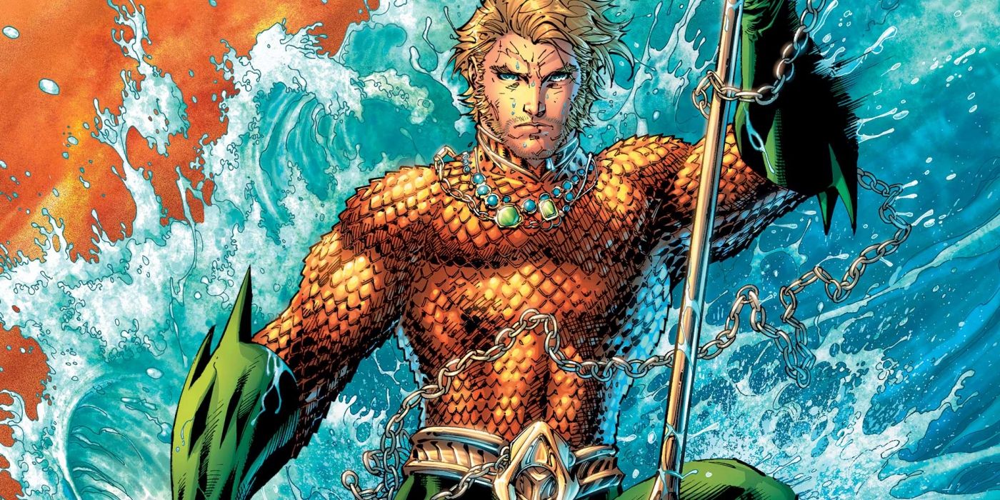 aquaman new 52 wears his classic orange-scaled armor in a tidal wave