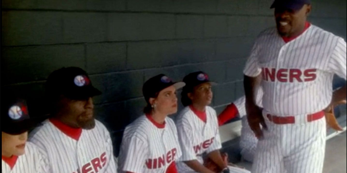 The DS9 crew sits in the dugout wearing their Niners uniforms in "Take Me Out To The Holosuite."