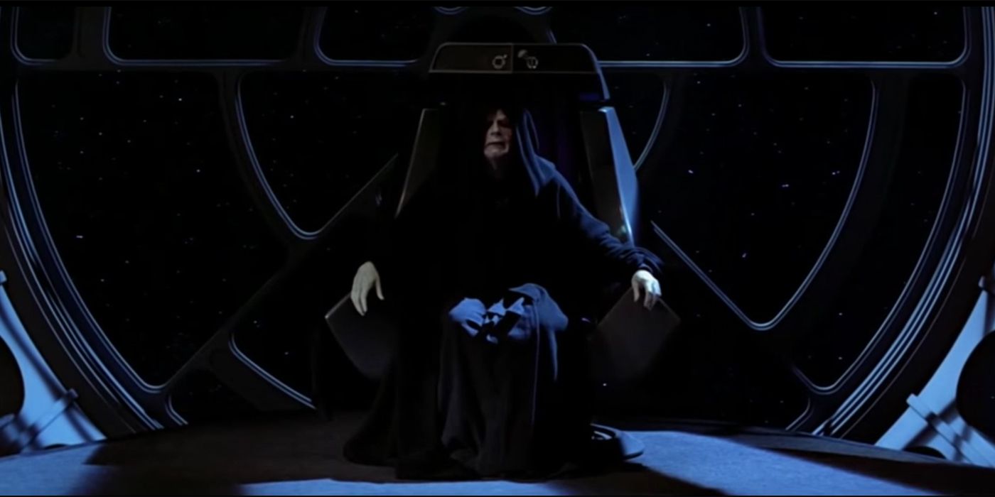 Emperor Palpatine sits on his throne in the Death Star
