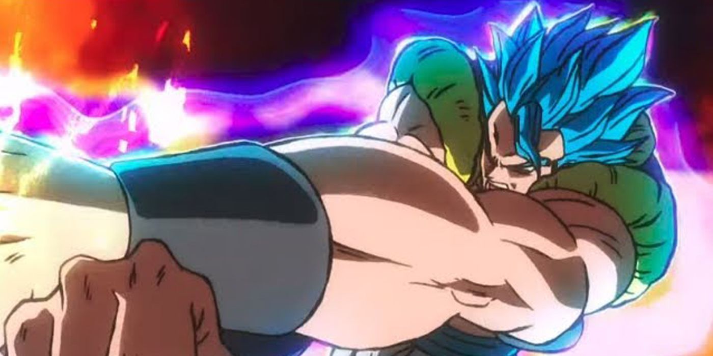 Gogeta Blue potencializa um ataque para derrotar Broly em Dragon Ball Super: Broly.