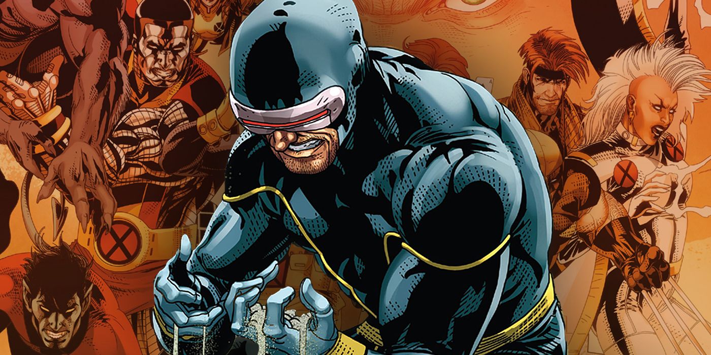 Cyclops in distress as ashes slip through his fingers, with a background of the X-Men behind him