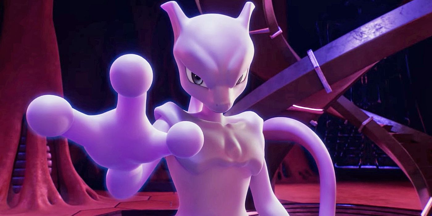 Mewtwo holds his hand up with an evil scowl