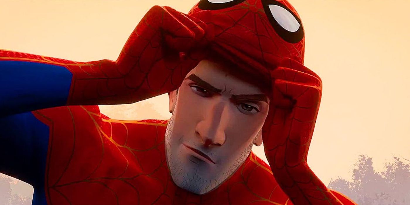 Peter B. Parker about to put on his mask in Spider-Man: Into the Spider-Verse.