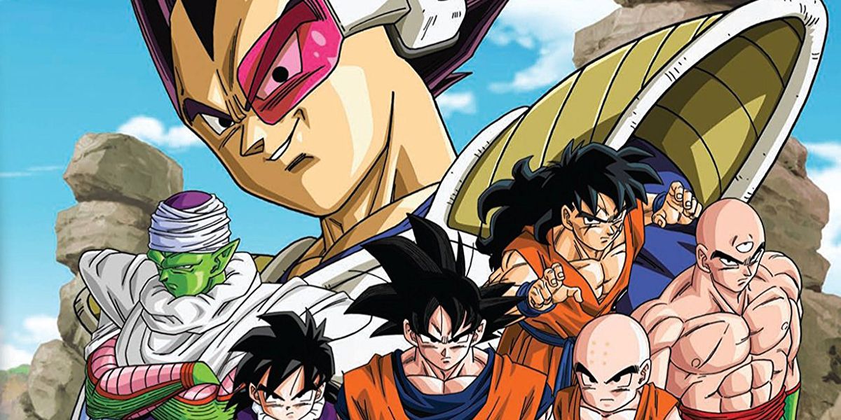 group image of the z fighters imposed on a background with vegeta