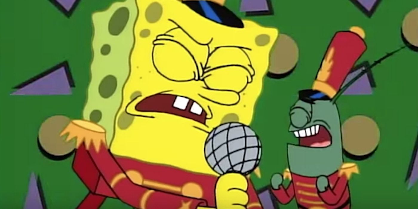 Spongebob and Plankton singing during Sweet Victory
