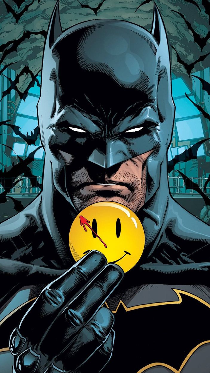 Batman holds the Button from Watchmen,