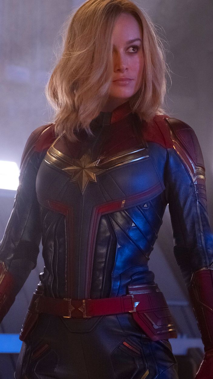 Captain Marvel with her red-and-blue costume