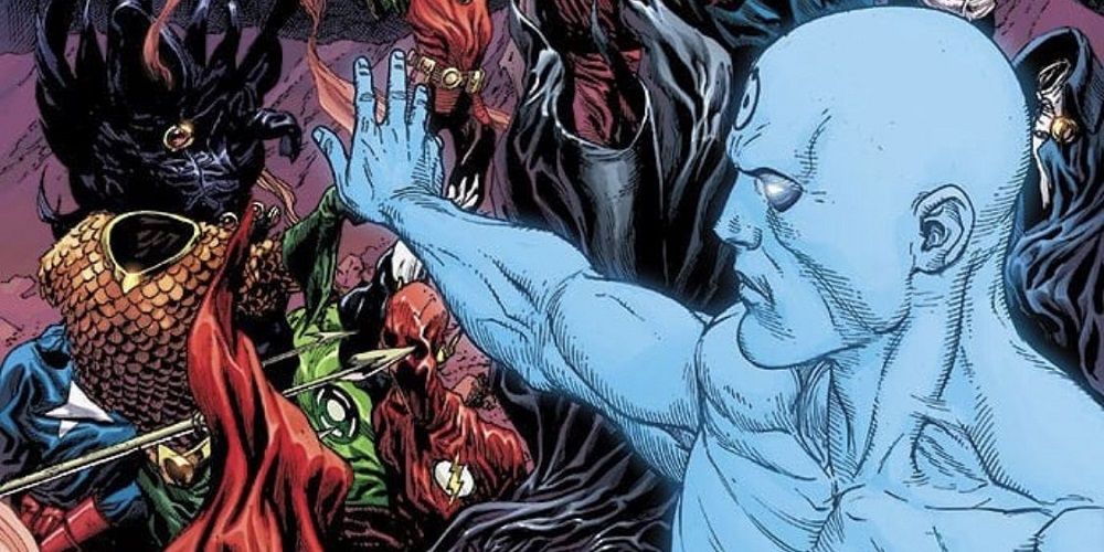 Doctor Manhattan fighting the Justice League in Doomsday Clock