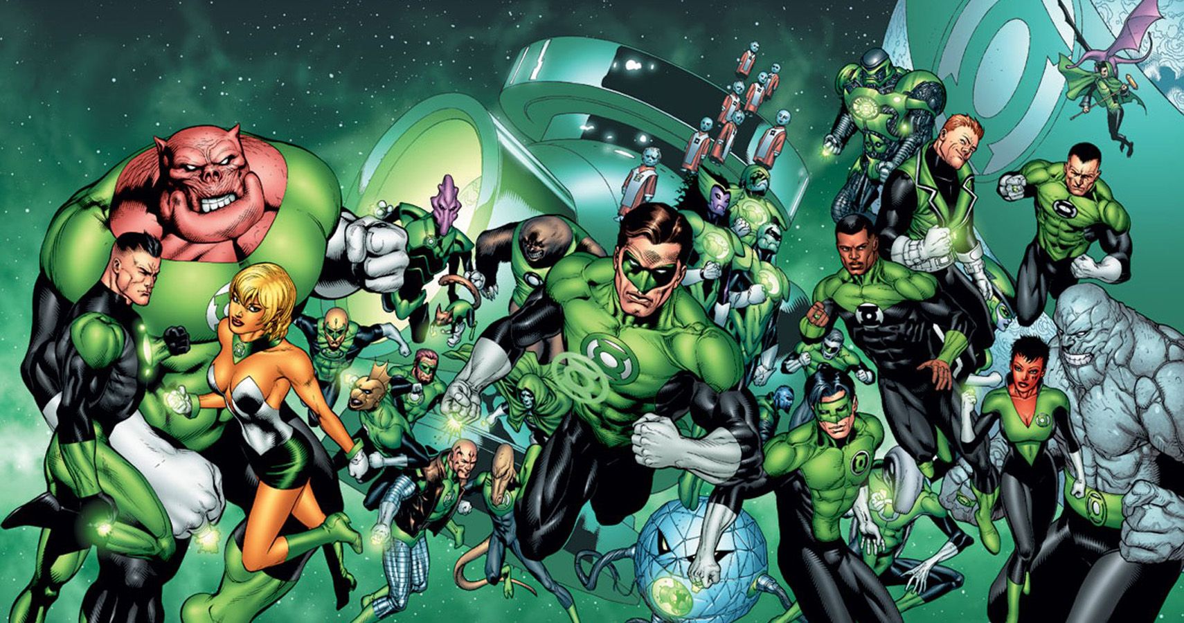 A group shot of the most famous members of the Green Lantern Corps, including Hal Jordan, John Stewart, Kilowog, and Mogo