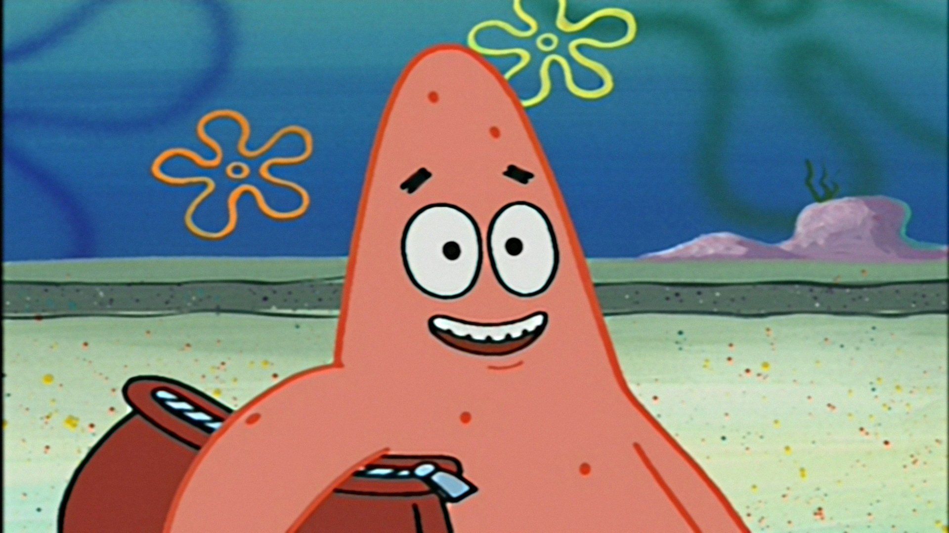 Patrick Star smiling and holding a chocolate bag in Spongebob Squarepants