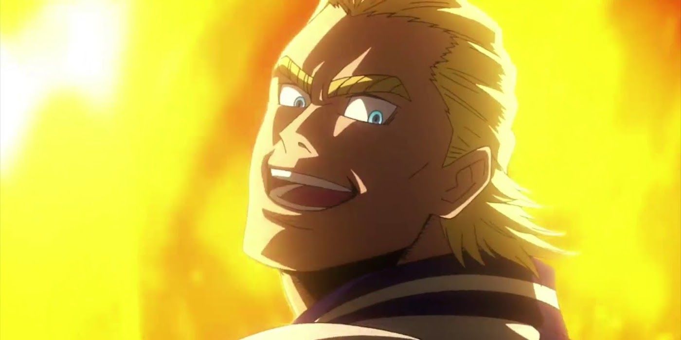 young all might from my hero academia looking back and smiling triumphantly