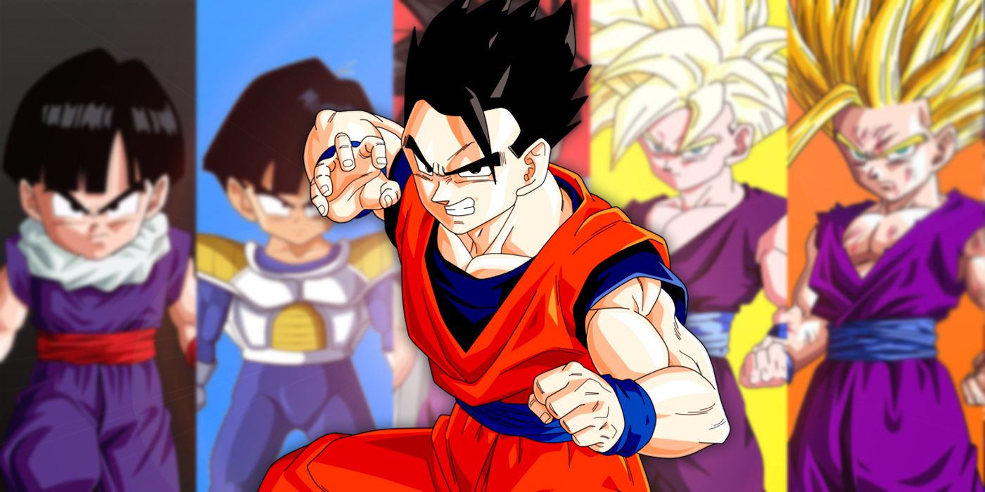 Gohan taking a stance in front of a panel of dragonball characters