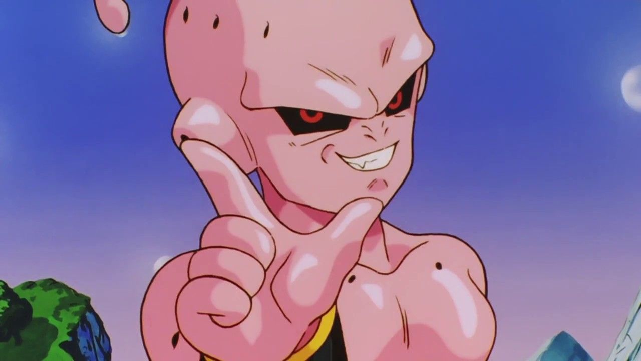 Kid Buu smirking and holding up his hand with his thumb and finger in the shape of an L in Dragon Ball Z