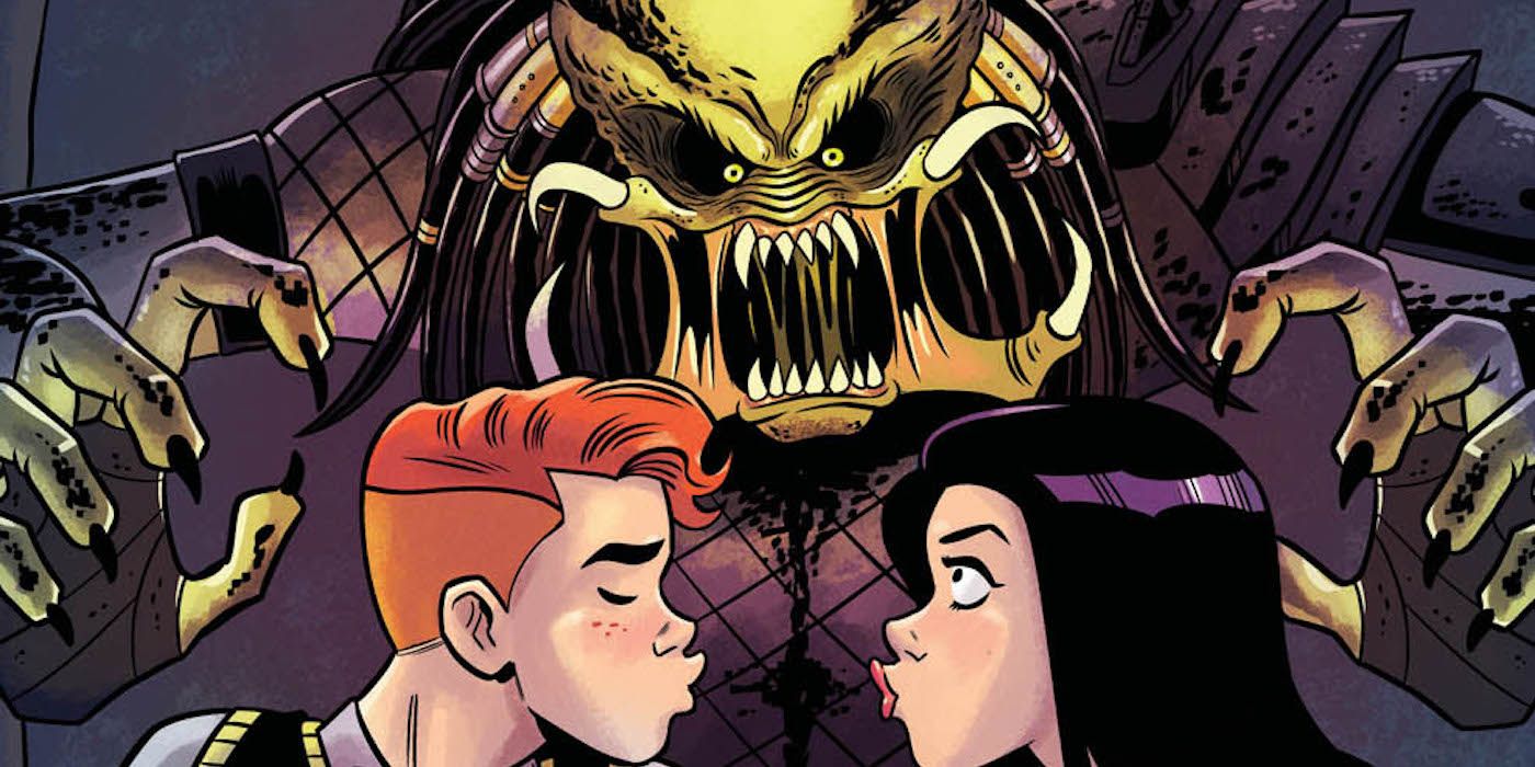 Archie and Veronica kiss as Predator watches in the Archie Vs Predator comic.