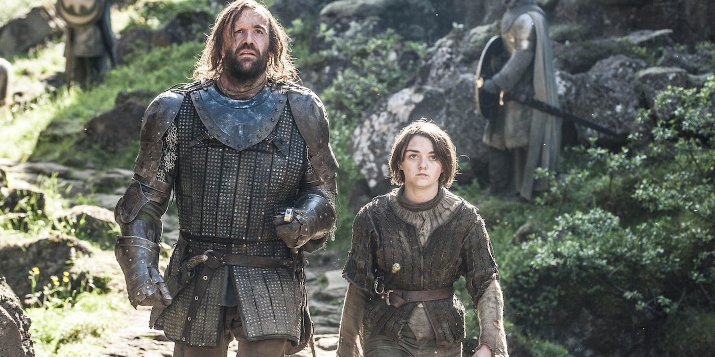 Arya and the Hound traveling to the Vale in Game of Thrones