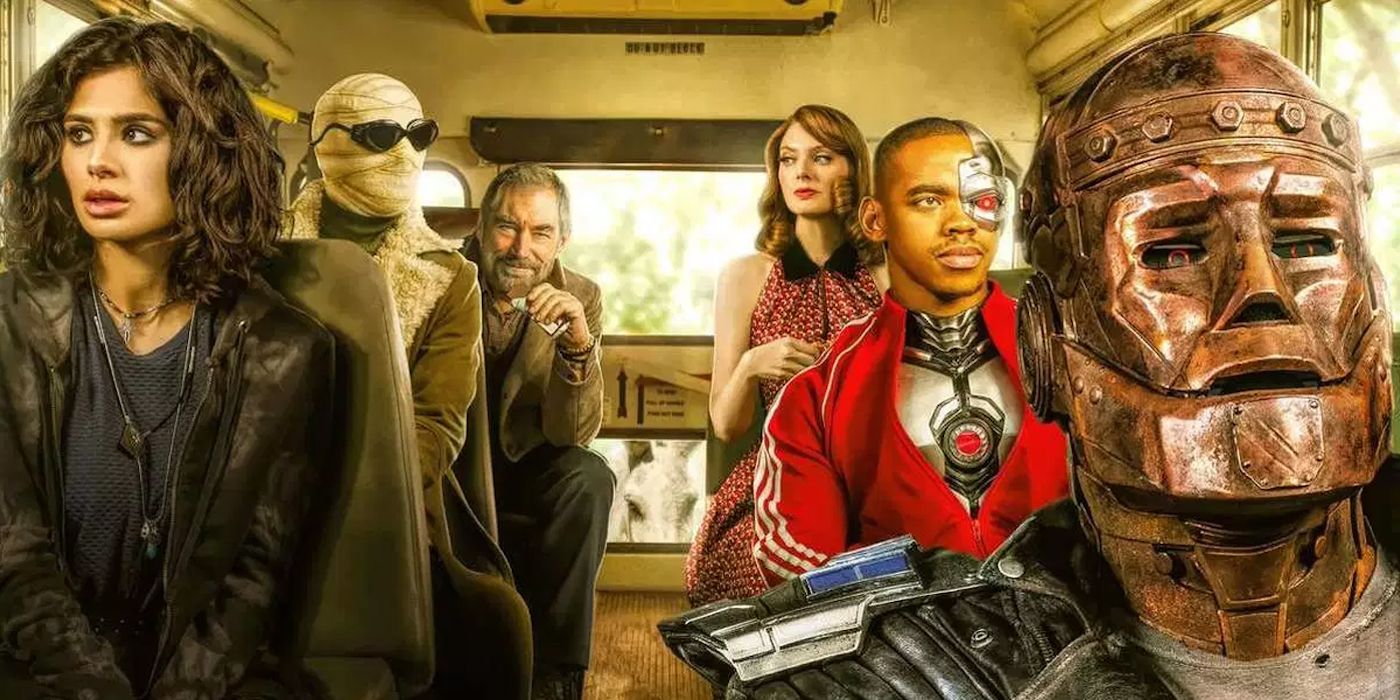 Characters of Doom Patrol riding in a vehicle