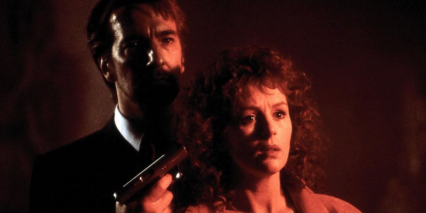 Hans Gruber holding Holly McClane hostage from Die Hard