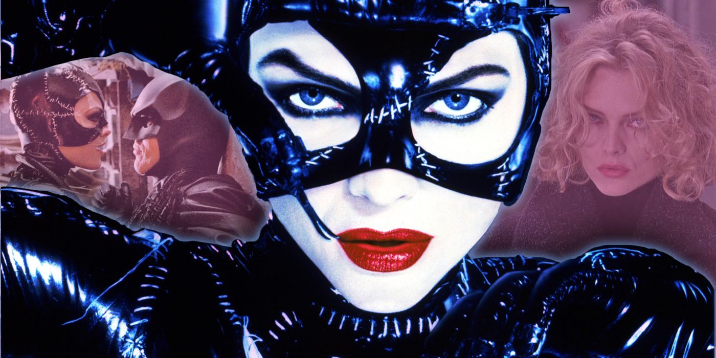 Composite image of Michelle Pfeiffer as Catwoman in Batman Returns with a background of some of her scenes.
