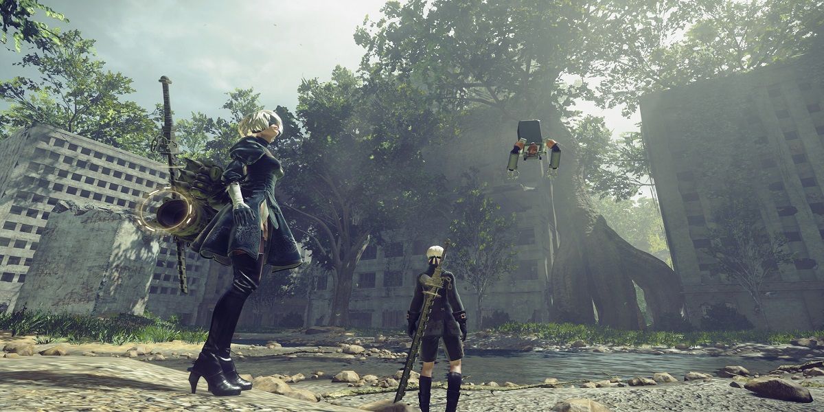 2B and 9S explore the world in Nier: Automata.