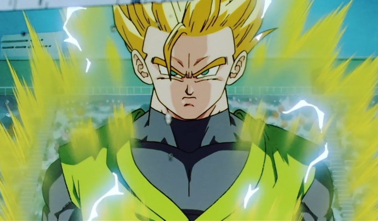 Gohan powers up while wearing a black and yellow uniform.