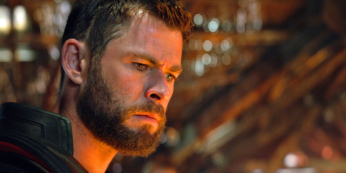 A close-up of a morose Thor on Thanos' farm, plagued by the events of Infinity War
