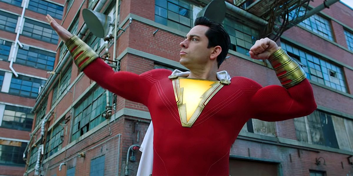 Shazam flexing his magical muscles in the movie