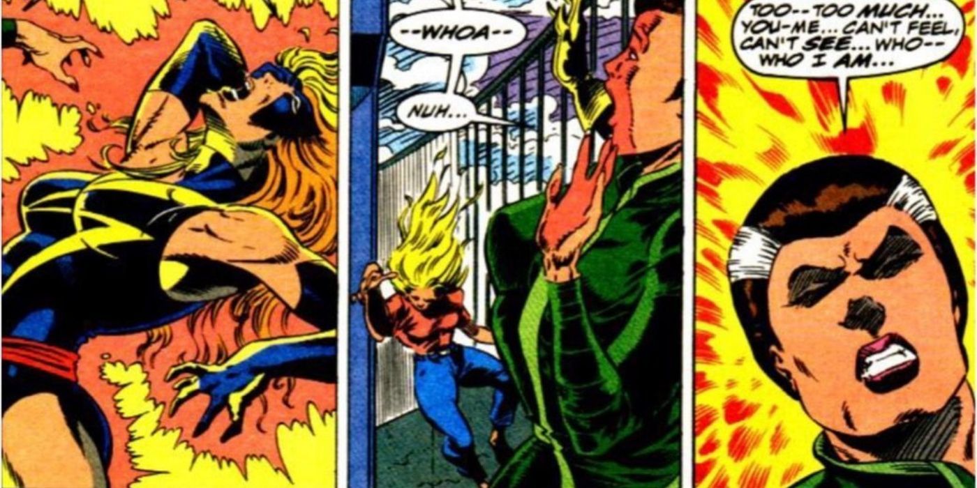Comic split panels of Marvel's Rogue taking Carol's memories