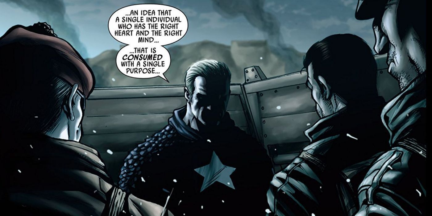 Captain America giving a speech to his troops during the war