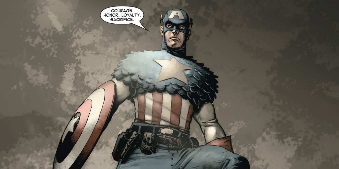 Captain America giving a speech about courage and honor in the comics