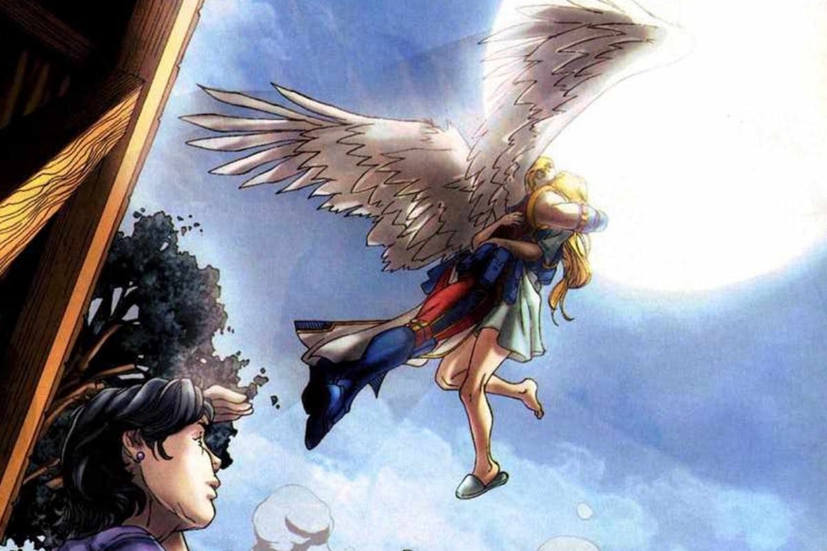 Husk and Angel kiss in the sky in Marvel Comics