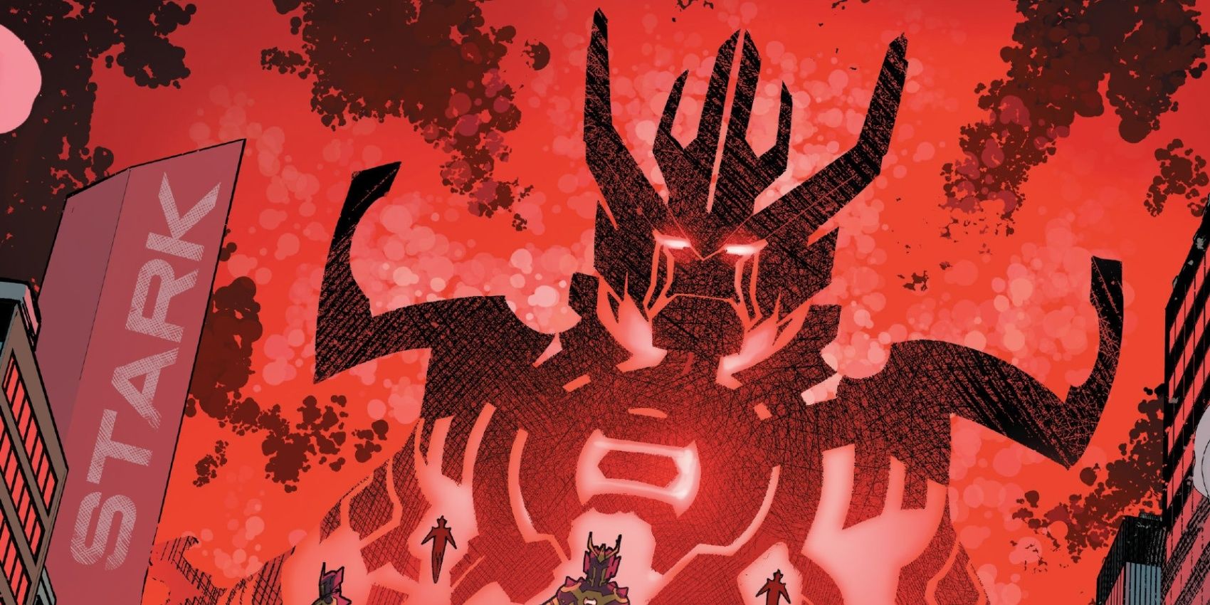 The Celestial Destructor from Marvel Comics descends from the sky, emitting a red glow.