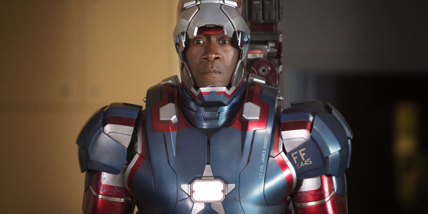 Rhodey wearing the Iron Patriot suit with his face showing