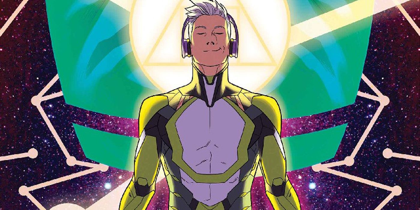 An image of comic art depicting Noh-Varr listening to music in Young Avengers comics