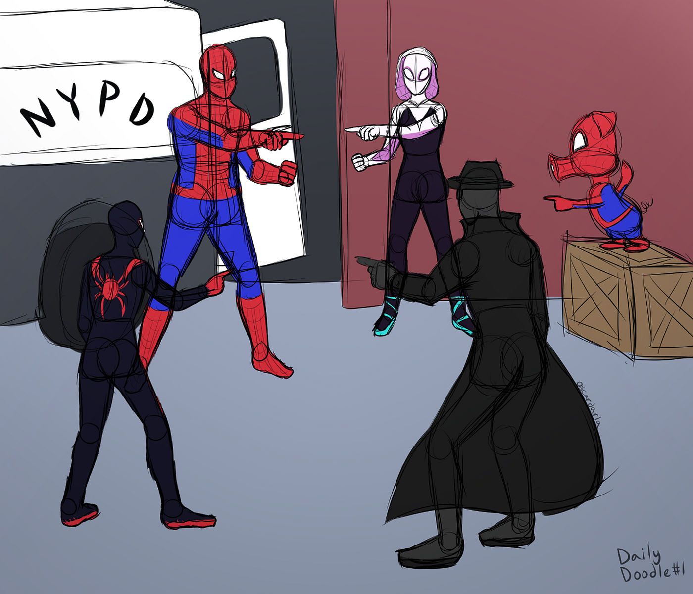 Spider-Man Pointing to Spider-Verse heroes