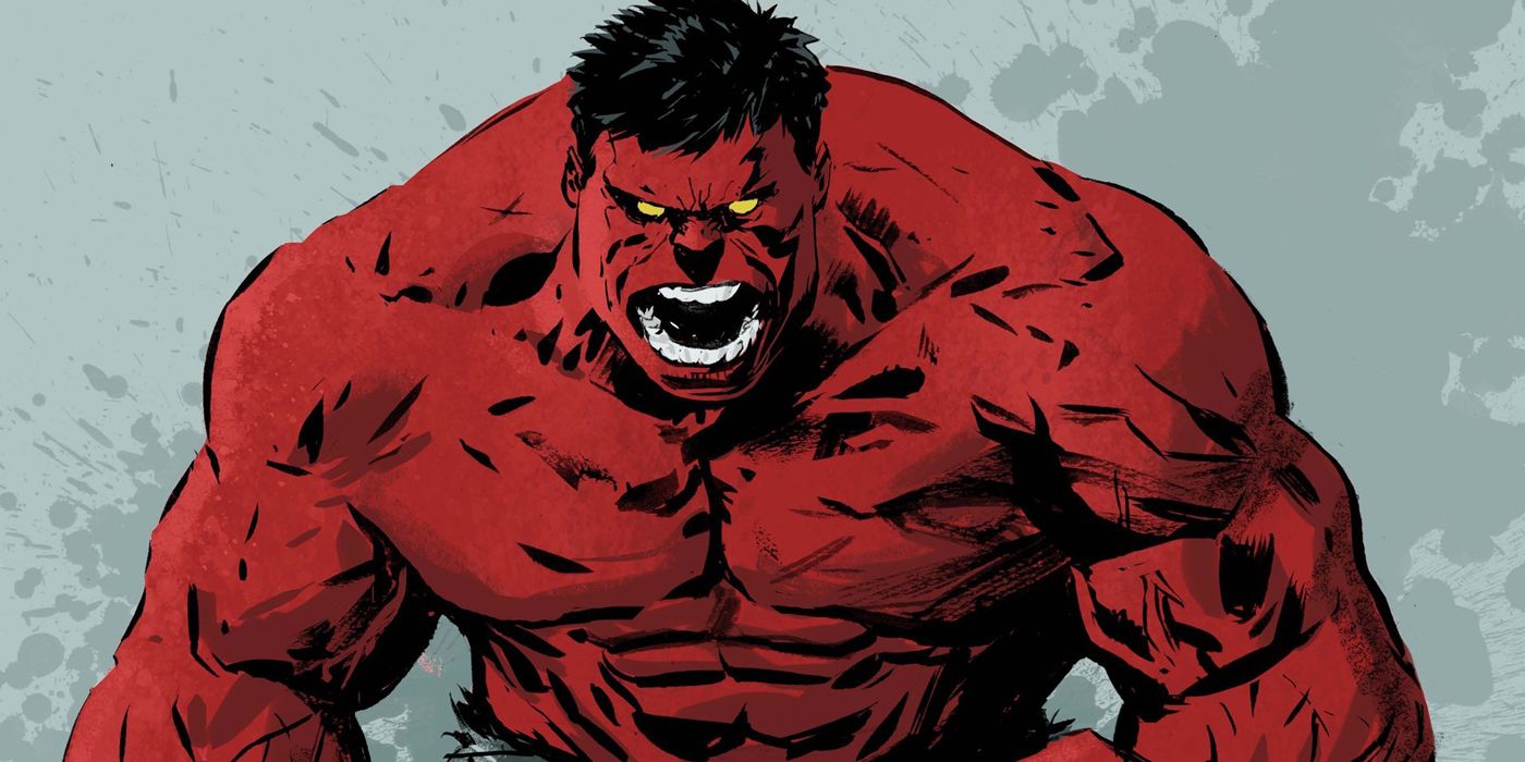 Red Hulk against a splattered grey-green background