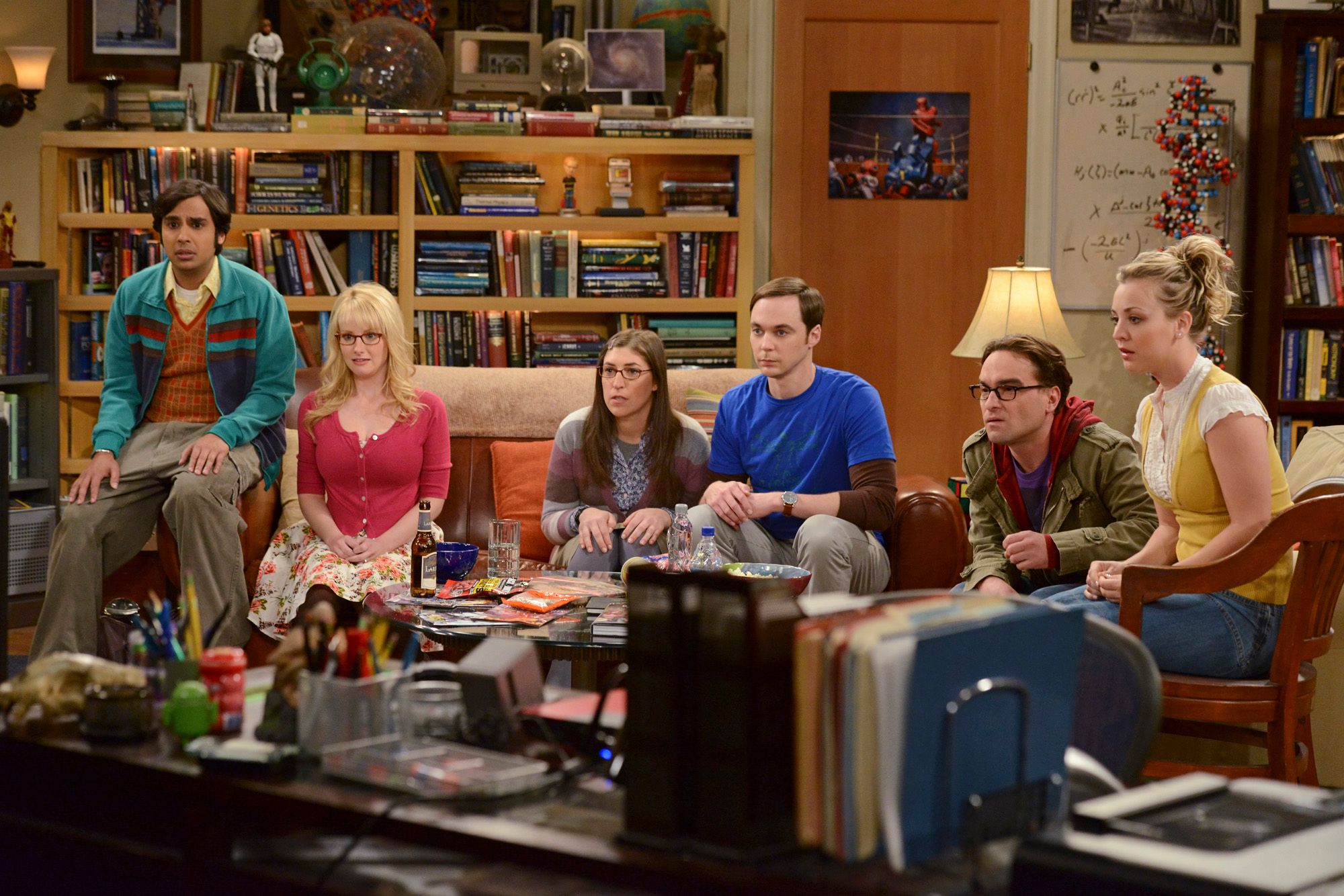 &quot;The Countdown Reflection&quot; -- When Howard and Bernadette decide they want to be married before his NASA launch, the gang rushes to put on a wedding, on the fifth season finale of THE BIG BANG THEORY, Thursday, May 10 (8:00 - 8:31 PM, ET/PT) on the CBS Television Network. Pictured (left to right): Kunal Nayyar, Melissa Rauch, Mayim Bialik, Jim Parsons, Johnny Galecki, Kaley Cuoco. Photo: Michael Yarish/CBS Ã?Â©2012 CBS Broadcasting, Inc. All Rights Reserved.