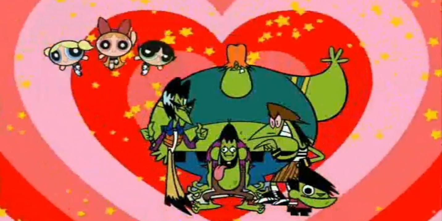 The Gamgreen Gang with the Powerpuff Girls against a colorful heart background