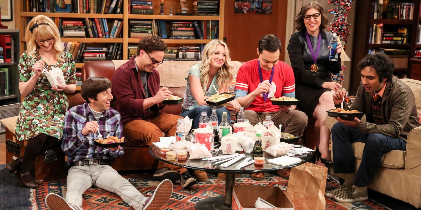 The Big Bang Theory's main characters sit around the apartment eating takeout