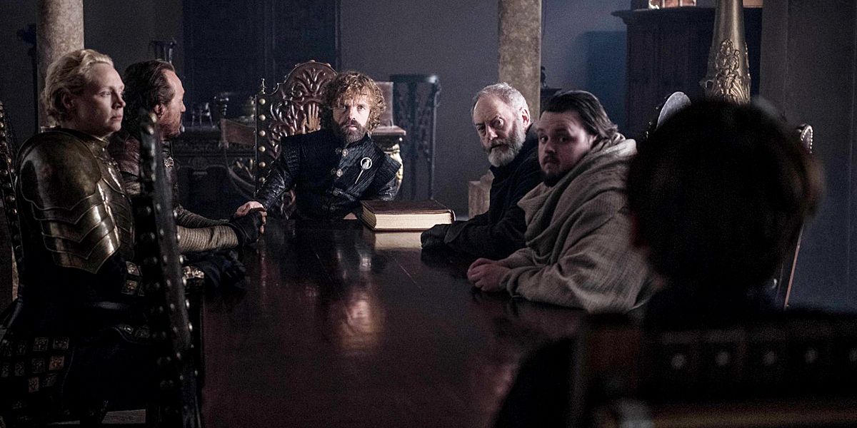 Tyrion's Small Council gathers in King's Landing in the Game of Thrones series finale