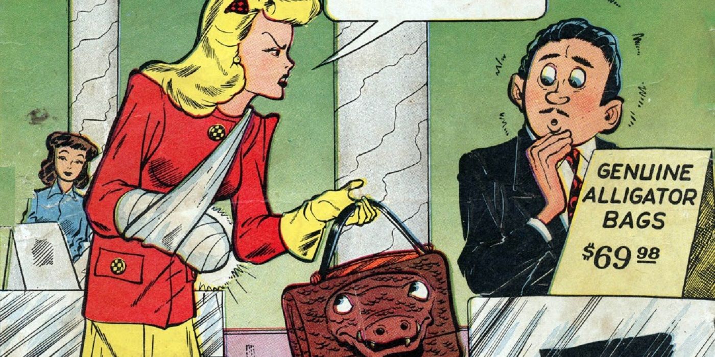 A Golden Age comic panel showing a woman holding an alligator skin handbag that has an alligator's face on it