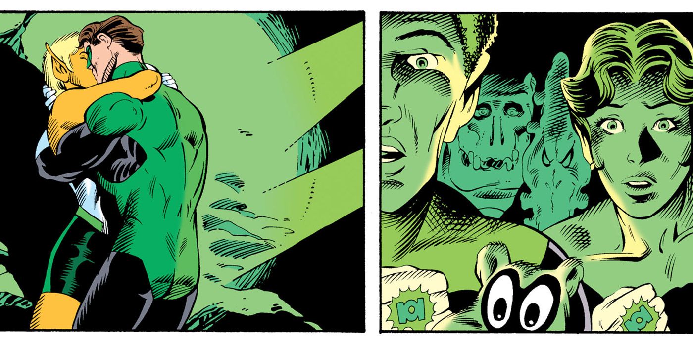 Arisia Rrab and Hal Jordan kiss, shocking their fellow Green Lanterns.