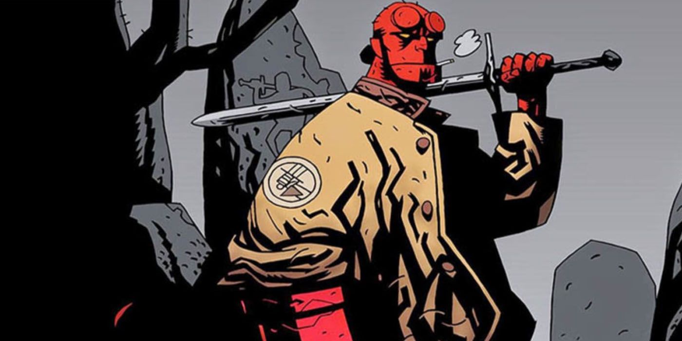 Hellboy holds a sword in comic art by Mike Mignola
