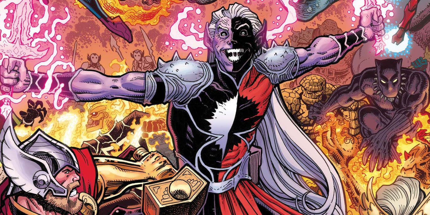 Thor fighting a purple and black character with long white hair