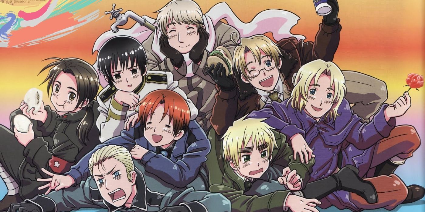 The cast of Hetalia: Axis Powers sitting on each other in a pile