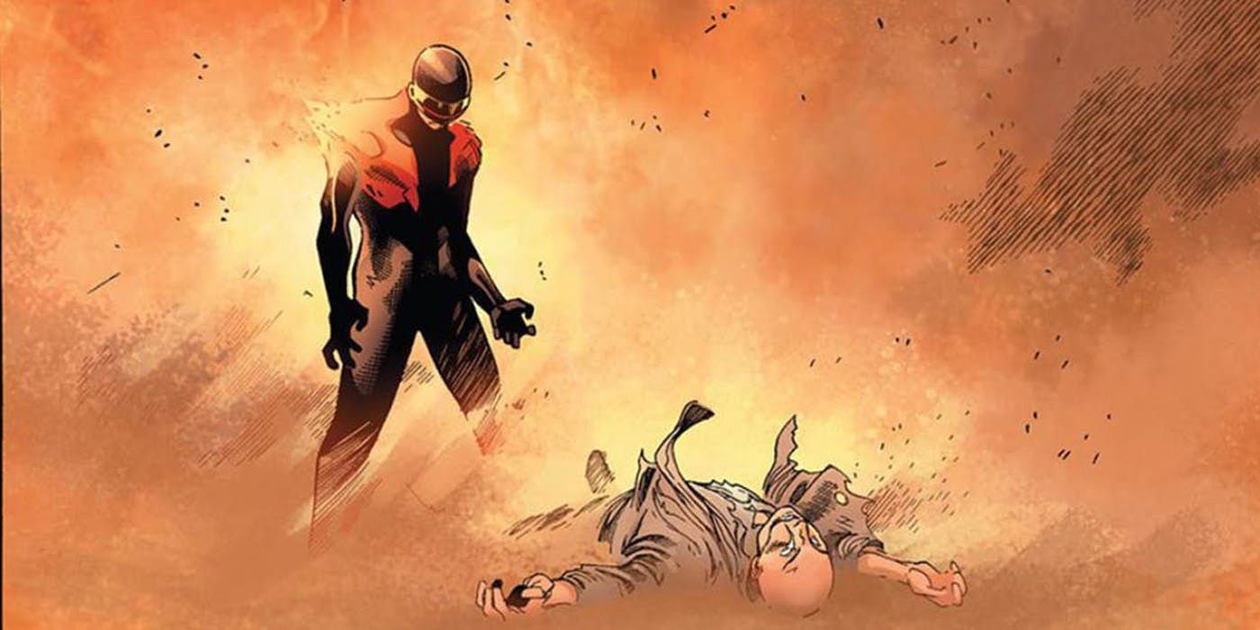 Dark Phoenix Cyclops stands over Xavier's dead body.