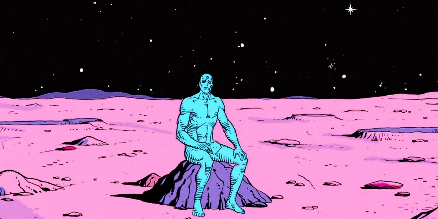 Dr. Manhattan sits alone among the sands of Mars in Watchmen.