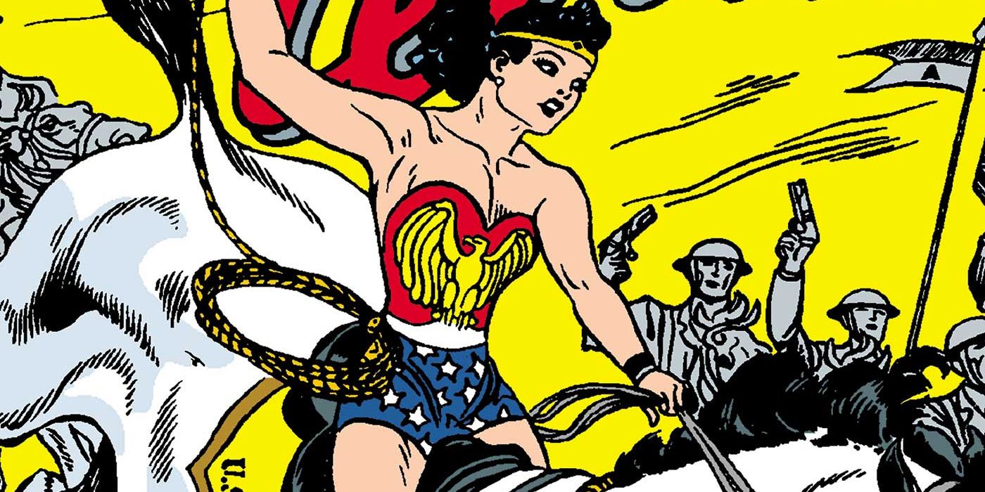 Golden Age Wonder Woman rides a horse in war